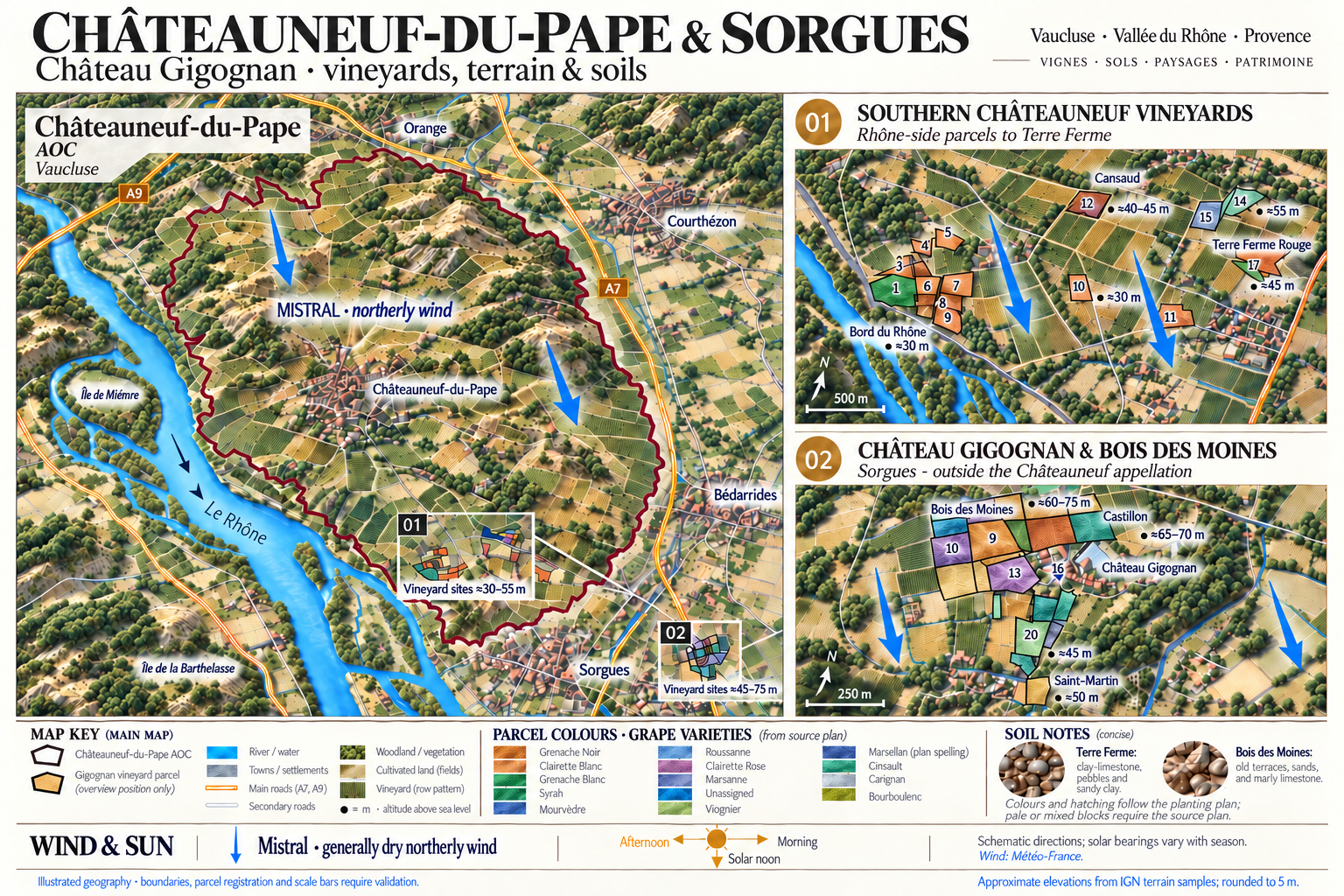 Illustrated overview of Châteauneuf-du-Pape and Sorgues vineyards
